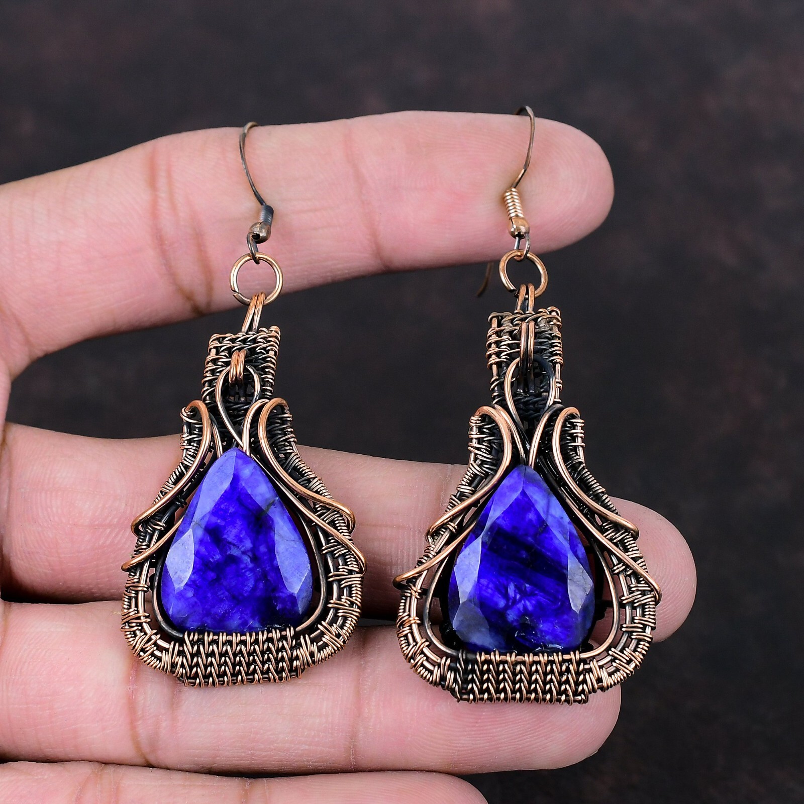 Faceted Blue Saphire Earring Copper Wire Wrapped Jewelry Drop/Dangle Earrings