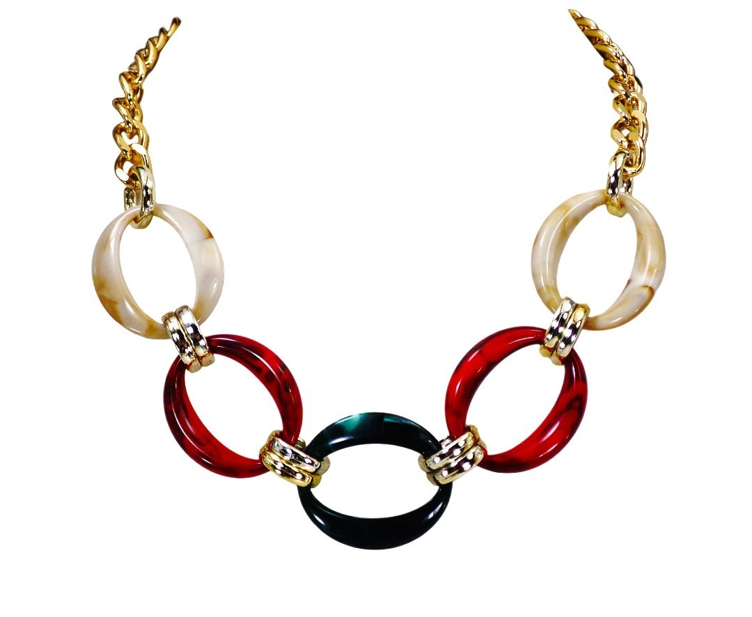 Multi color large oval link necklace in red, green and beige colors New