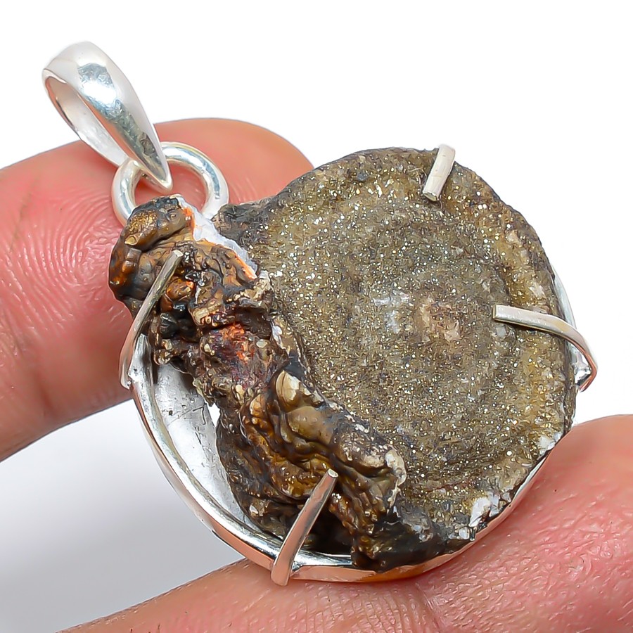 Golden Titanium Desert Drusy 925 Silver Plated Pendant 1.75″ T50