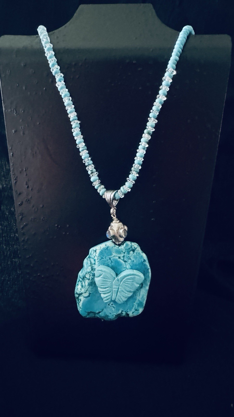 Southwestern Carved Turquoise Butterfly Pendant Necklace Heishi Bead Statement