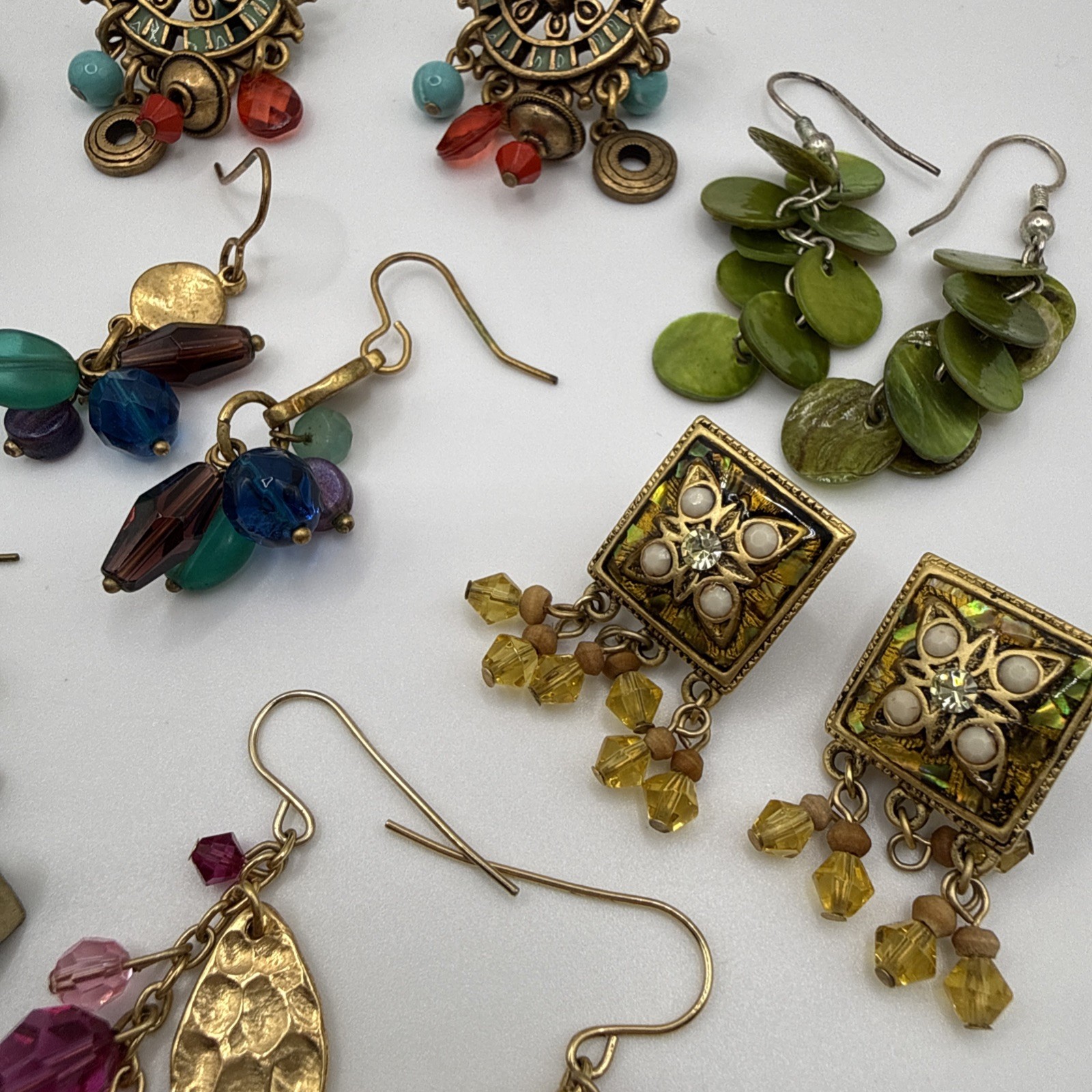 Colorful Boho Dangle Earrings Eclectic Pierced 10 Pair Cha Cha Shell Crystal