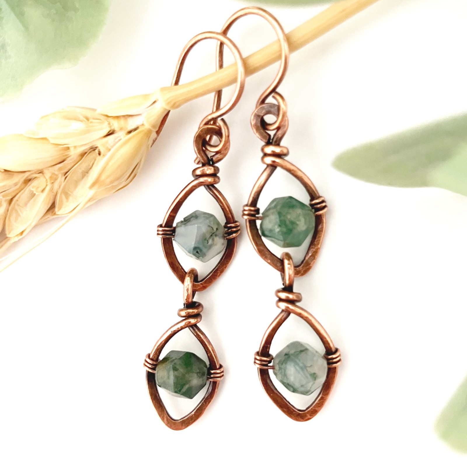 Rough Stone Bohemian Dangle Earrings Leaf Wire Wrapped Nature Jewelry Handmade