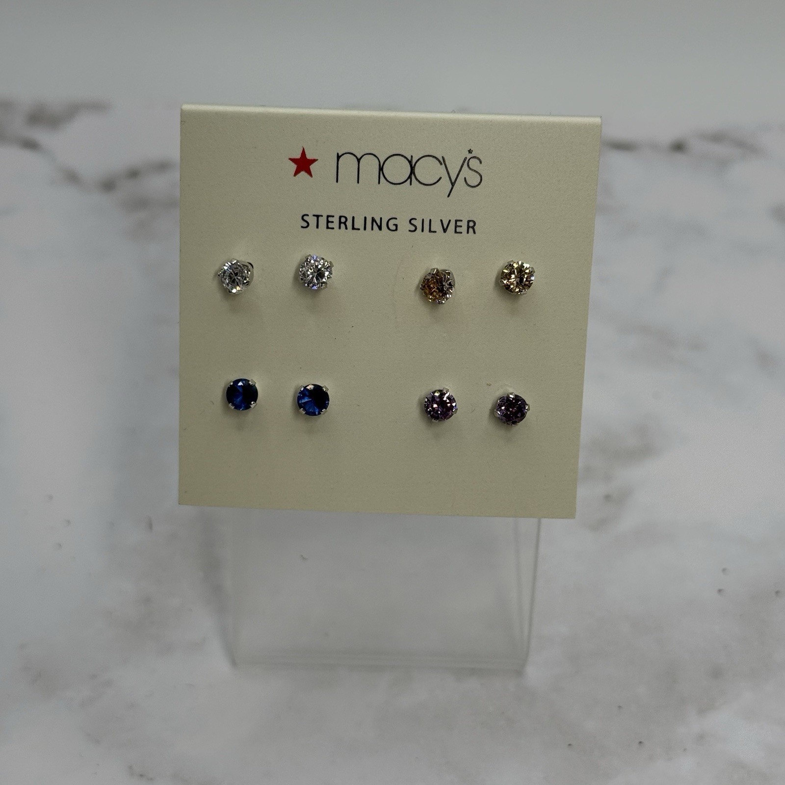Macys Sterling Silver Cubic Zirconia 4 Pairs – Clear, Blue, Purple, Tan