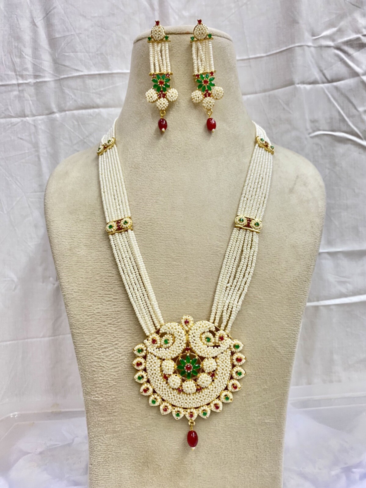 Indian Ruby Emerald Pearl Necklace Set Bridal Jewelry long Wedding Party Wear