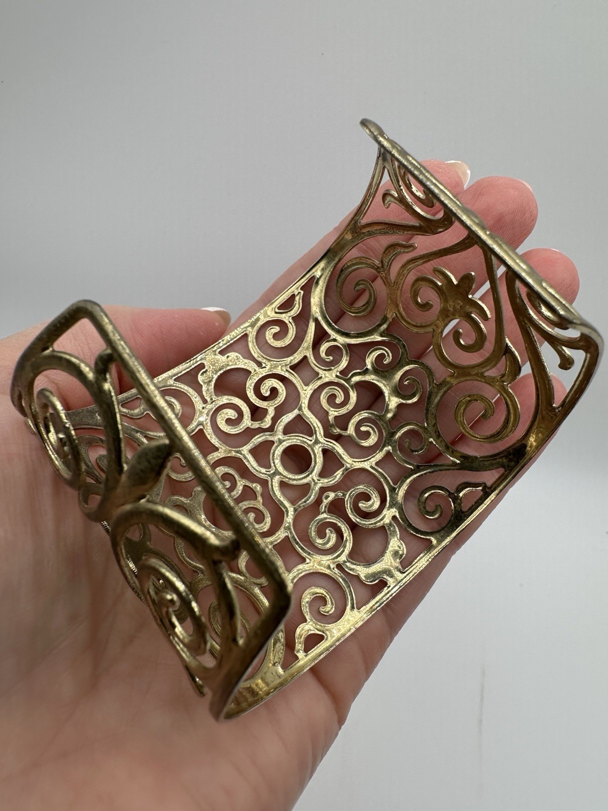 Gold Tone Filigree Scroll Swirl Openwork Wide Cuff Bracelet Metal Sizable