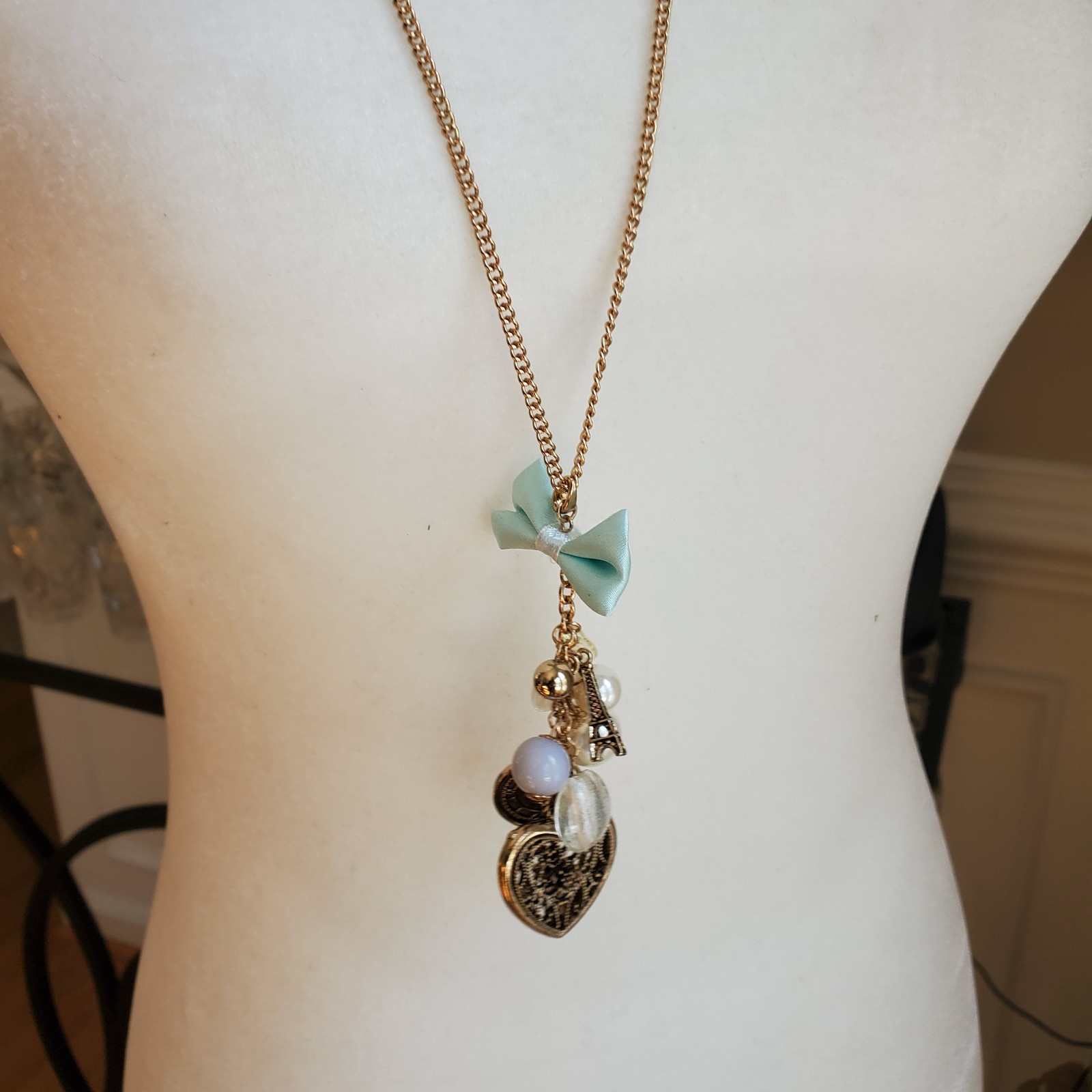 Paris Icons Long Necklace Goldtone – Musee d’Orsay Clock & Eiffel Tower – Heart