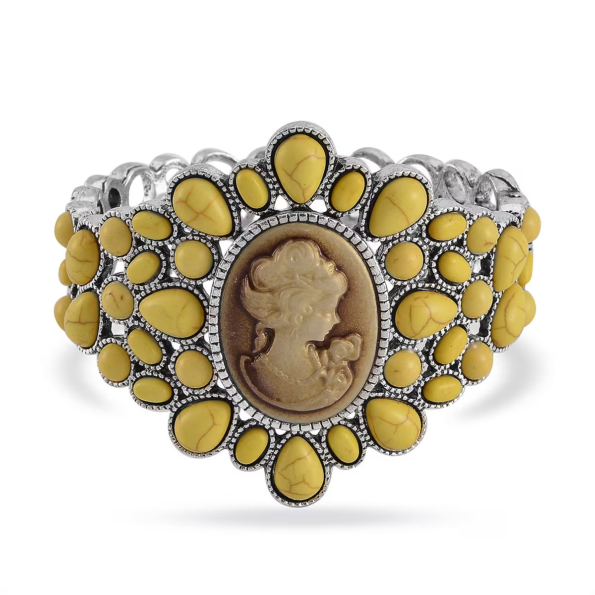 Cameo and Constituted Yellow Howlite Bangle Bracelet in Silvertone (7.0 In) 26.0