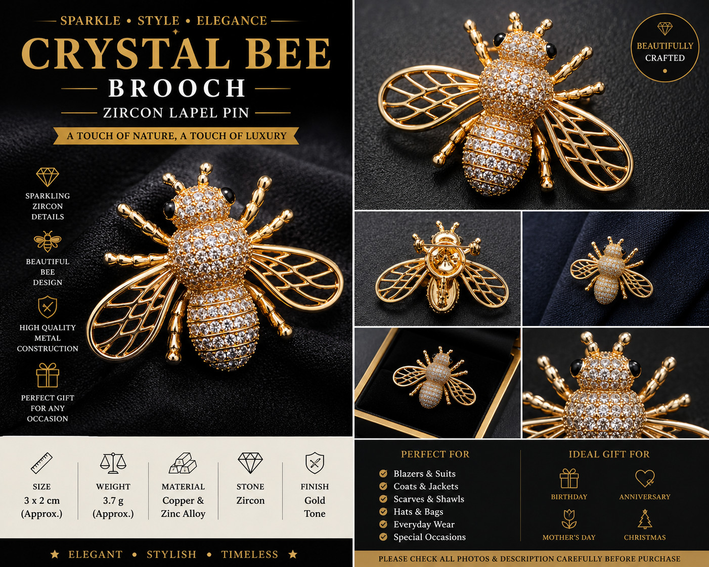 Crystal Bee Brooch Gold Tone Zircon Insect Lapel Pin Sparkly Rhinestone Badge 3c