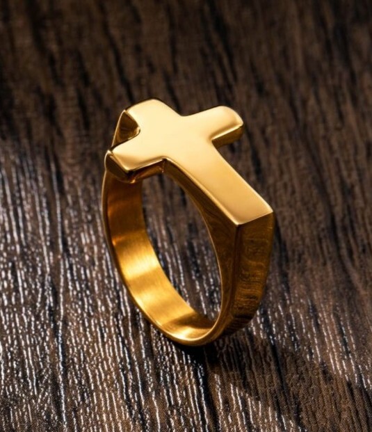 U7 Cross Ring Hip Hop Stainless Steel In Gold US Size 11 UK Size V 1/2