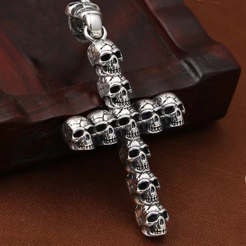 Mens Gothic Retro Skull Skeleton Cross Pendant Punk Biker Necklace Box Chain 24″