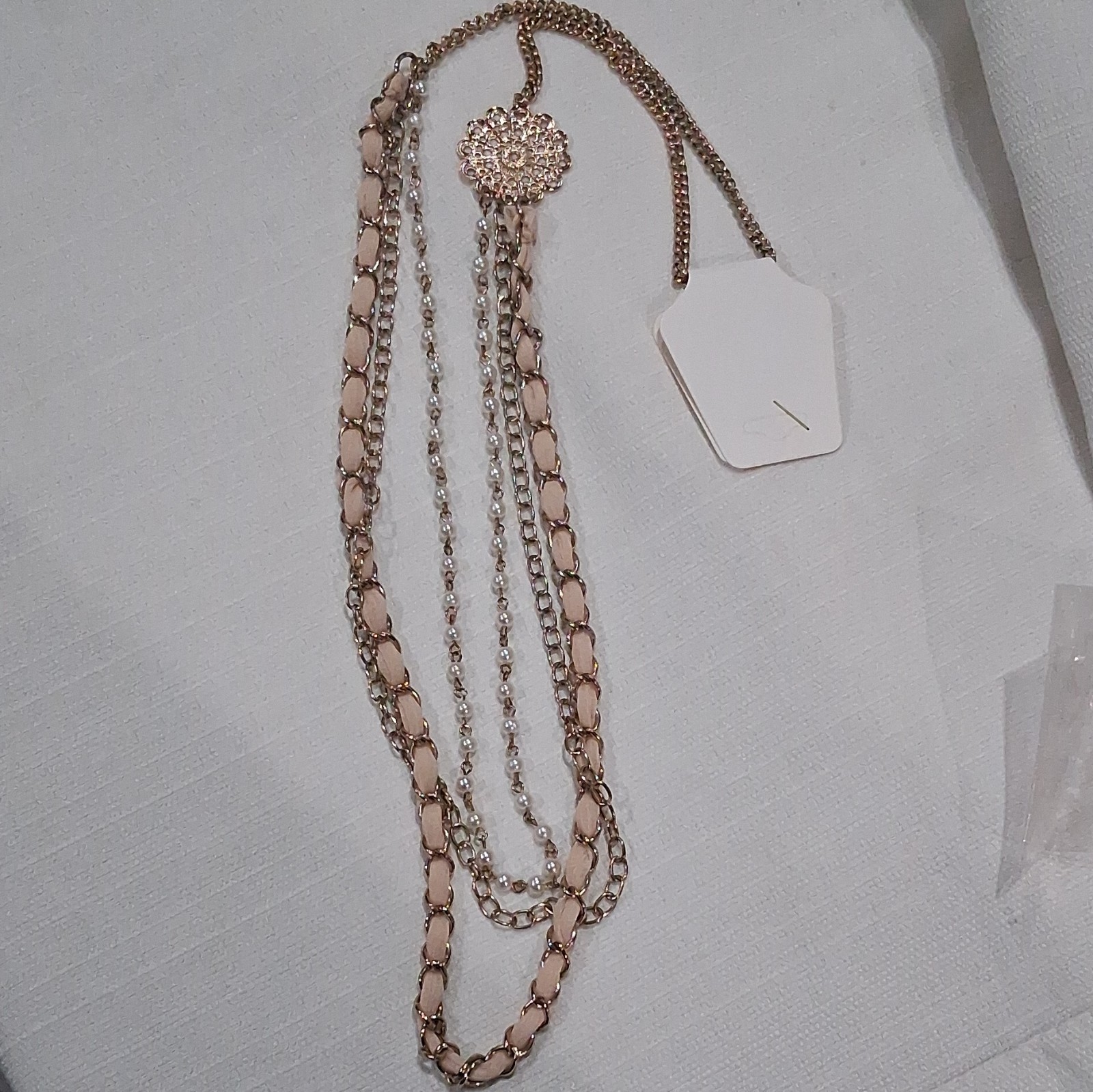 Gold Plated Layered Cable Chain Necklace Pink Enamel Links Flower Pendant