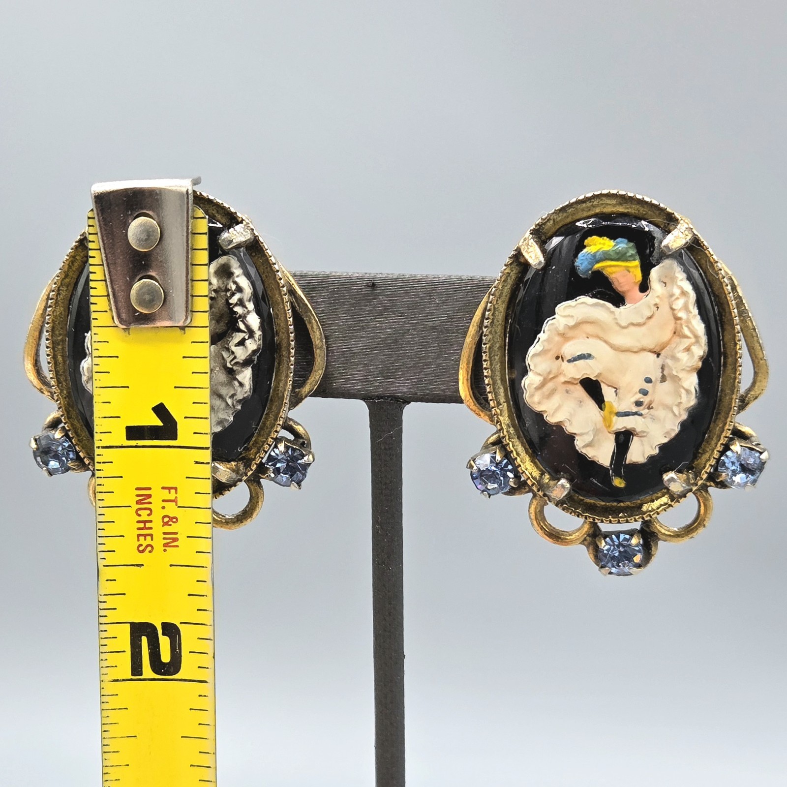 Vintage Can-Can Dancer Intaglio Reverse Paint Glass Panel Link Bracelet Earrings