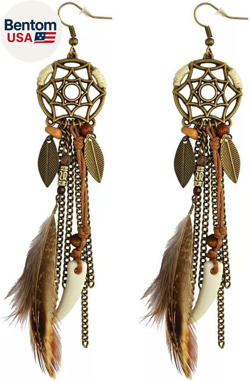Brown Dream Catcher Feather Earrings Vintage Bohemian Ethnic Dangle Earrings for
