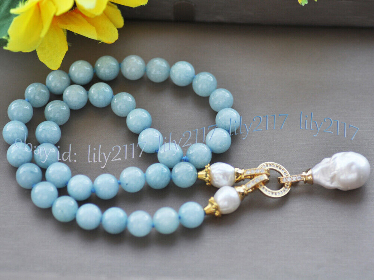 Natural Blue Aquamarine Gems Beaded White Keshi Baroque Pearl Pendant Necklace