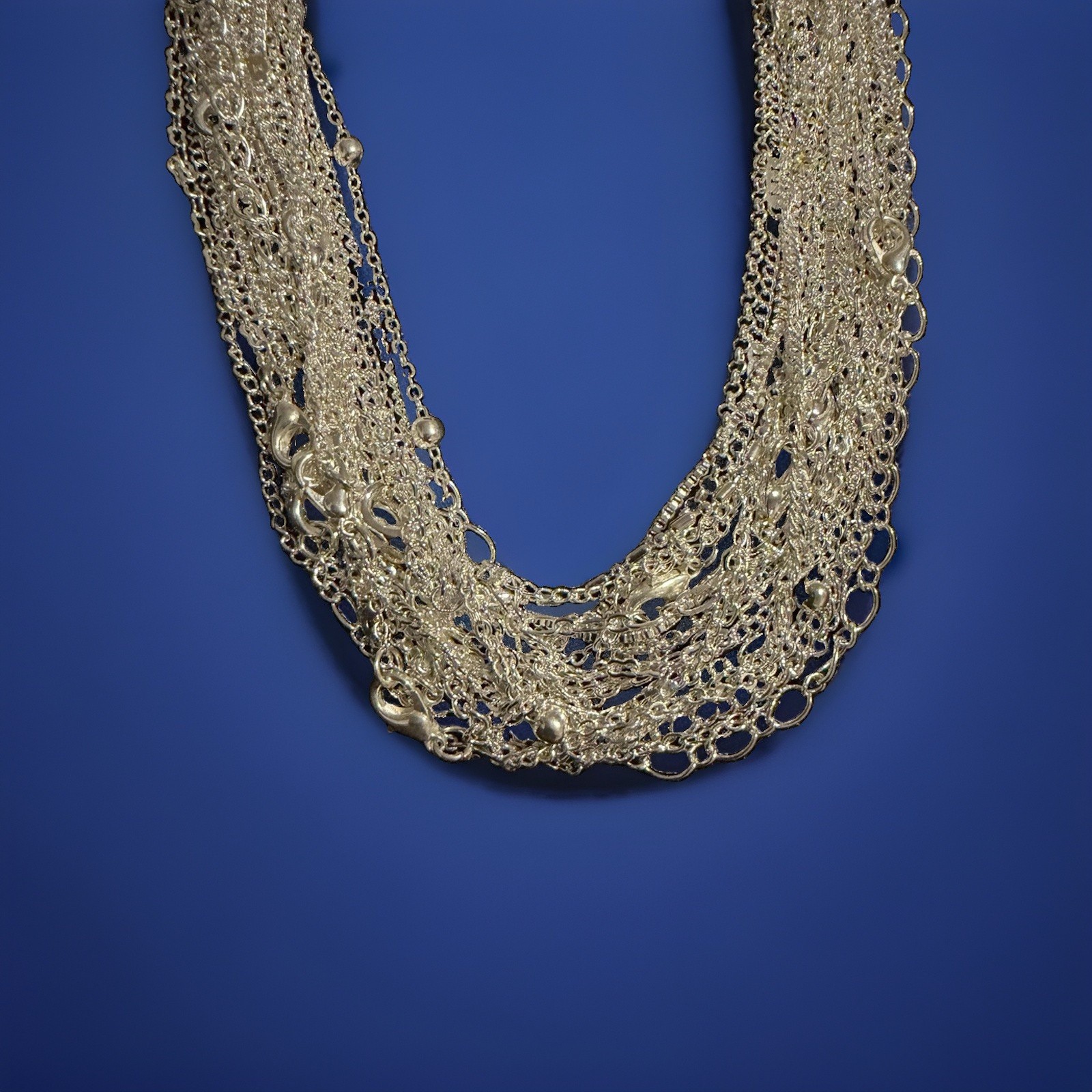 Silver Tone Multi-Strand Layered Statement Chain Necklace, Cable Chain