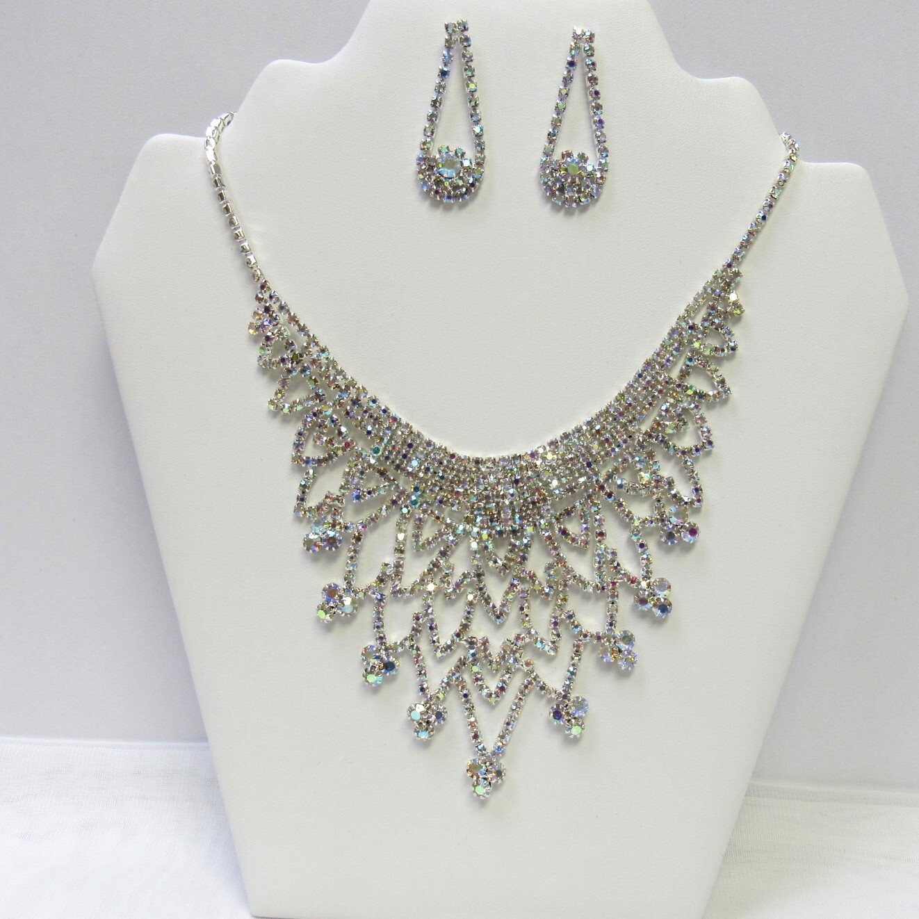 Silver Iridescent Rhinestone Necklace Set Wedding Prom Formal Evening #11815 NEW