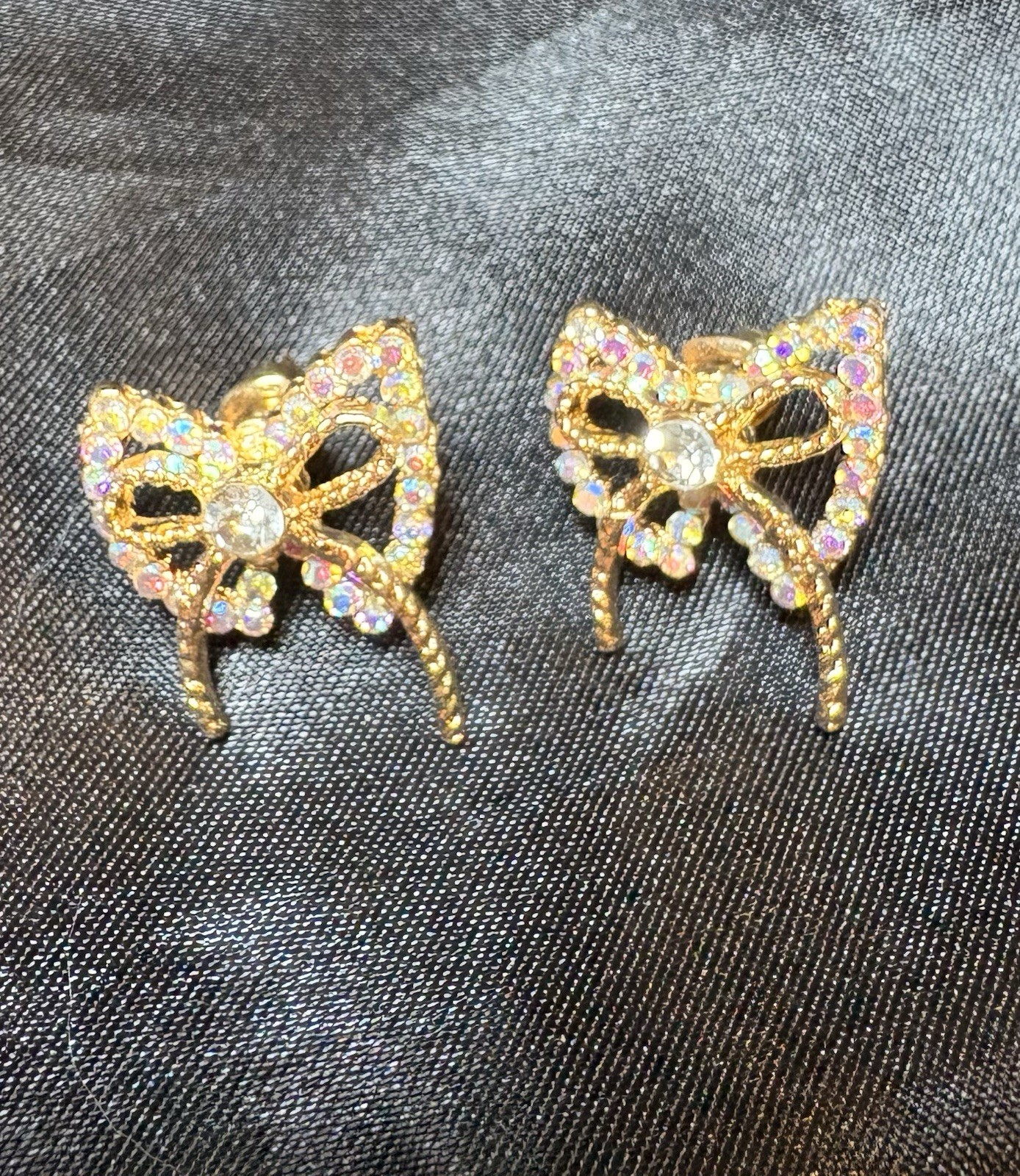 Gold Tone Bow Stud Earrings Iridescent Rainbow Rhinestone Crystal Statement NEW