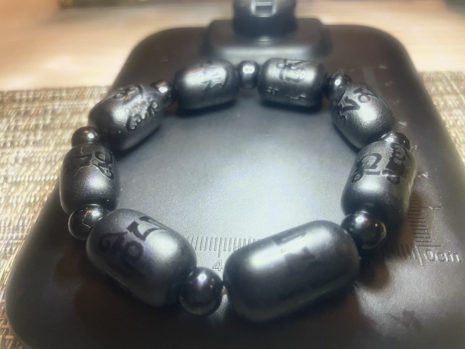 Black Stretch Beaded Bracelet No Clasp Barrel Beads Stone Ball/Bead Chain