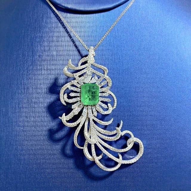 Lab Created Emerald 3Ct Emerald Feather Brooch Pin Pendant 14K White Gold Plated