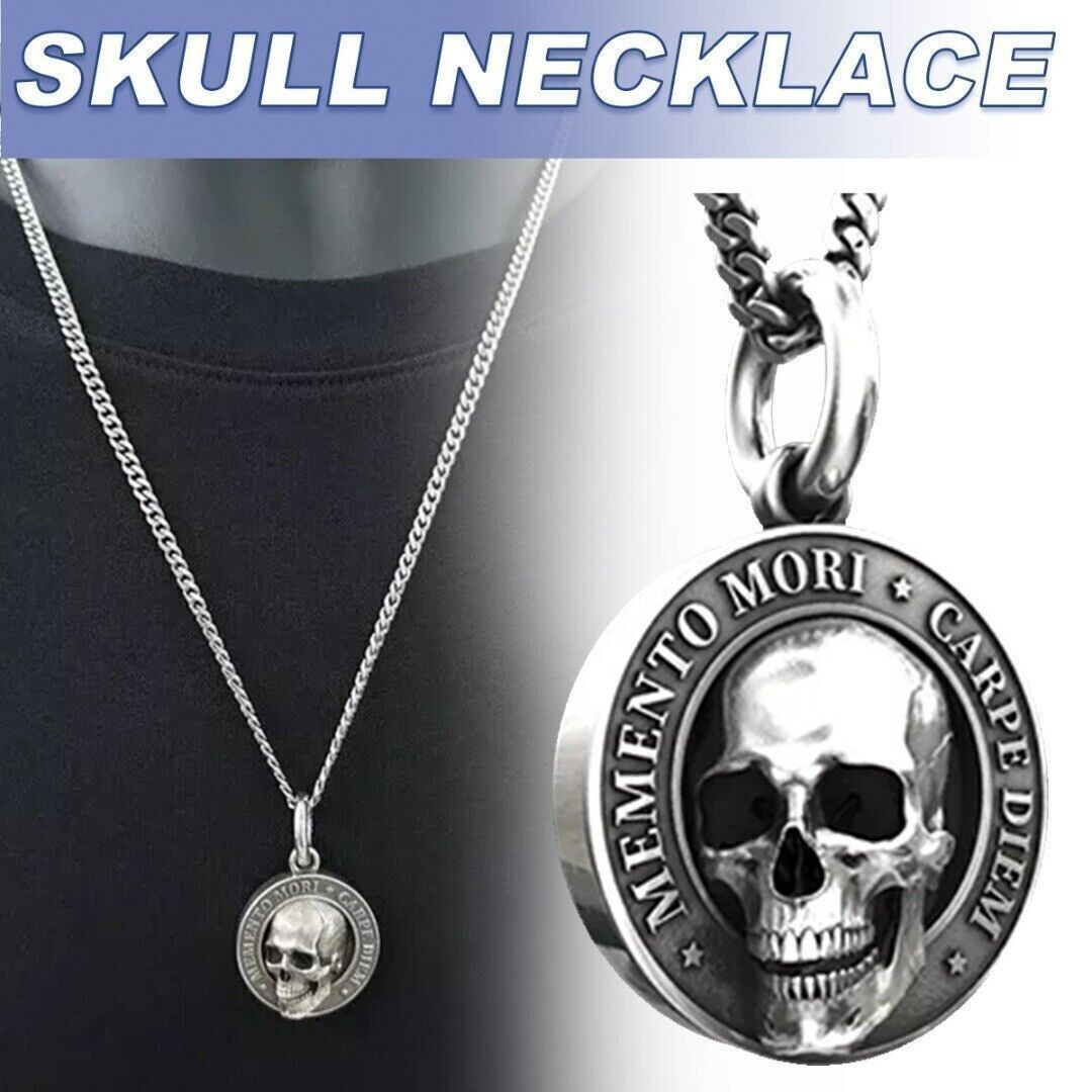 Memento Mori Skull Silver Skull Necklace Stainless Steel Chain Pendant Retro~