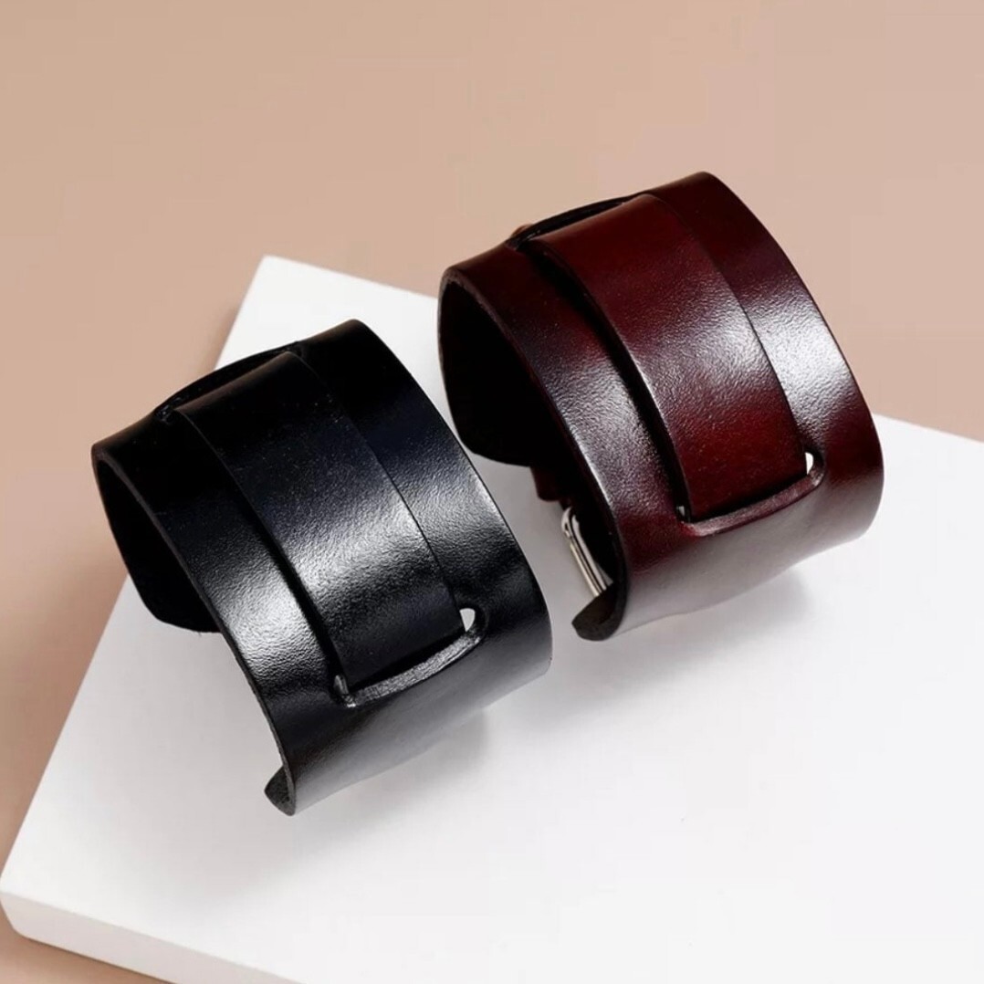 Wide Smooth Wrap Layer Leather Punk Bangle Watch Bracelet in Black or Brown