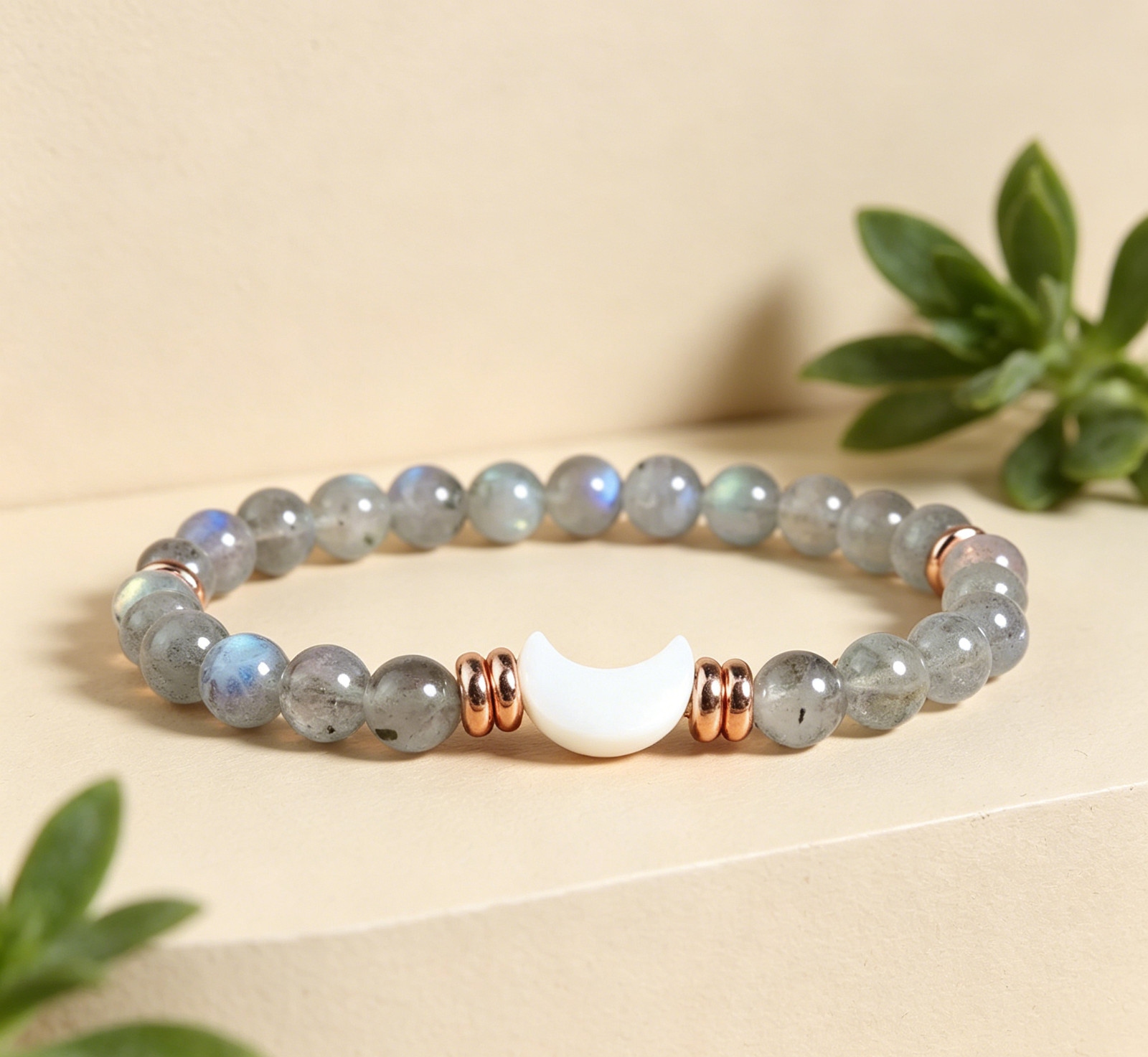 Labradorite Moon Phase Stretch Bracele, Intuition Energy MOP Charm Jewelry Gift