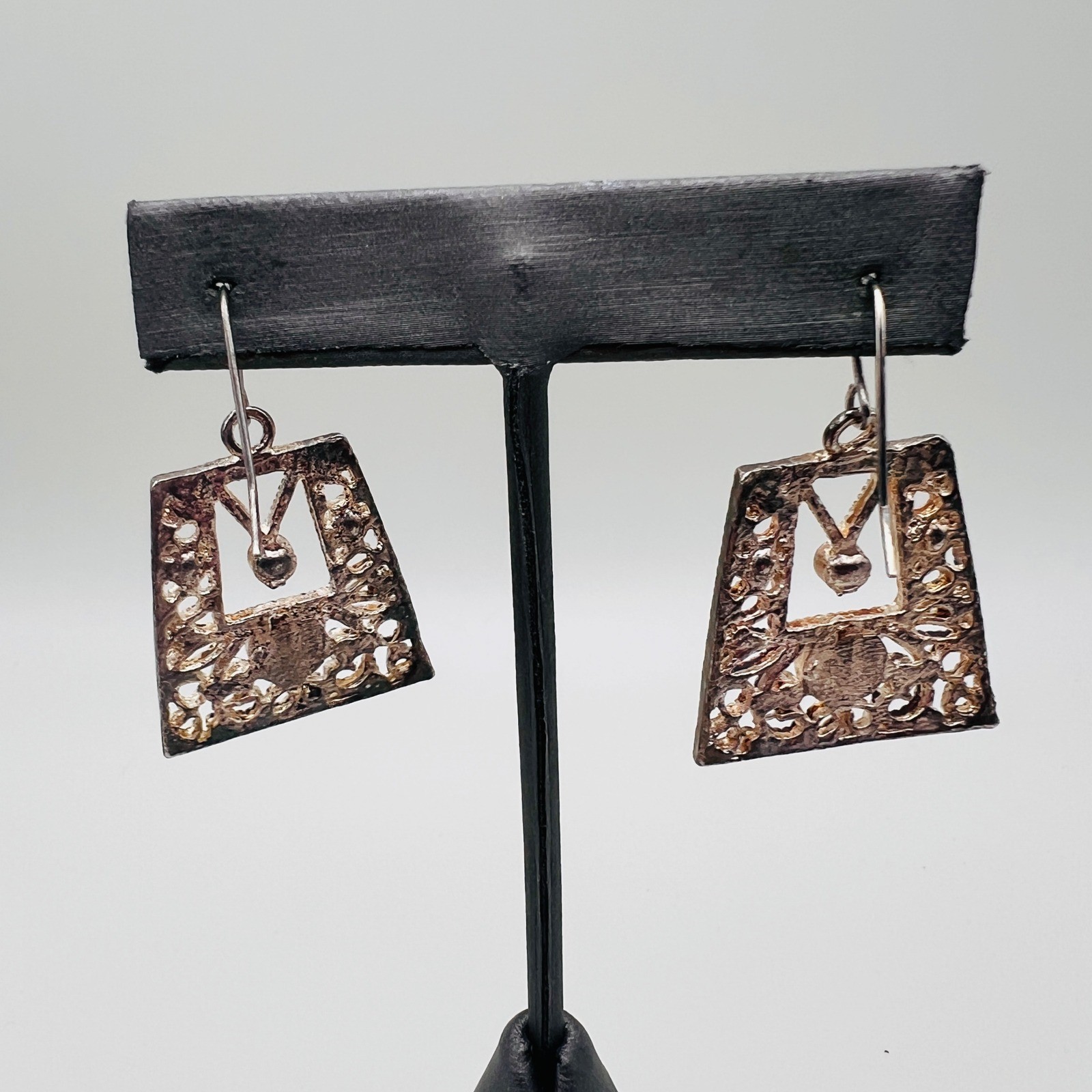 Vintage Filigree Trapezoid Earrings Black Stone Rhinestone Accent Dangle Drop