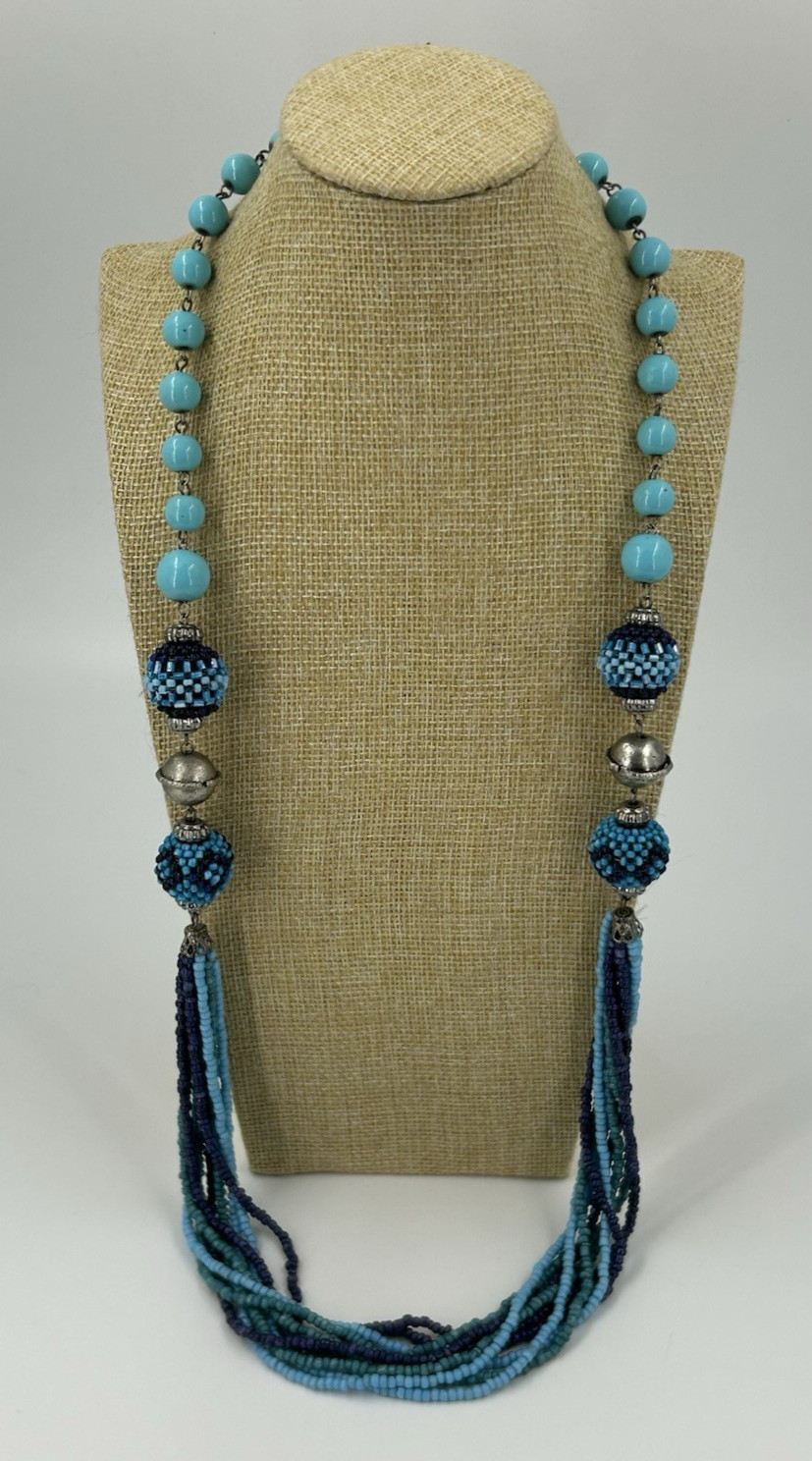 Shades of Blue Statement Necklace Womens Seed Bead Graduated Multistrand 32 Inch