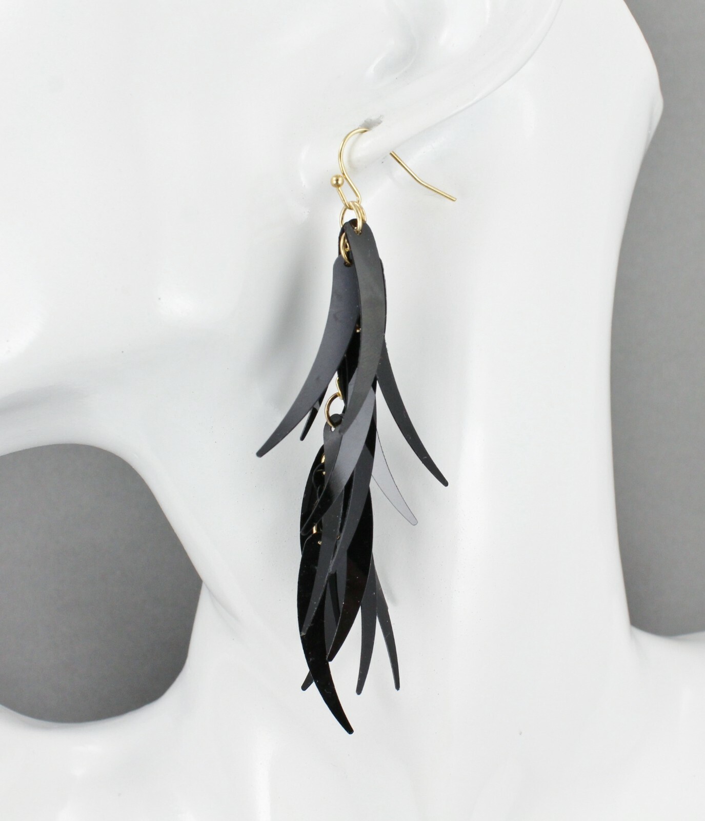 Black feathered earrings dangle 3.5″ long lightweight tassel fringe