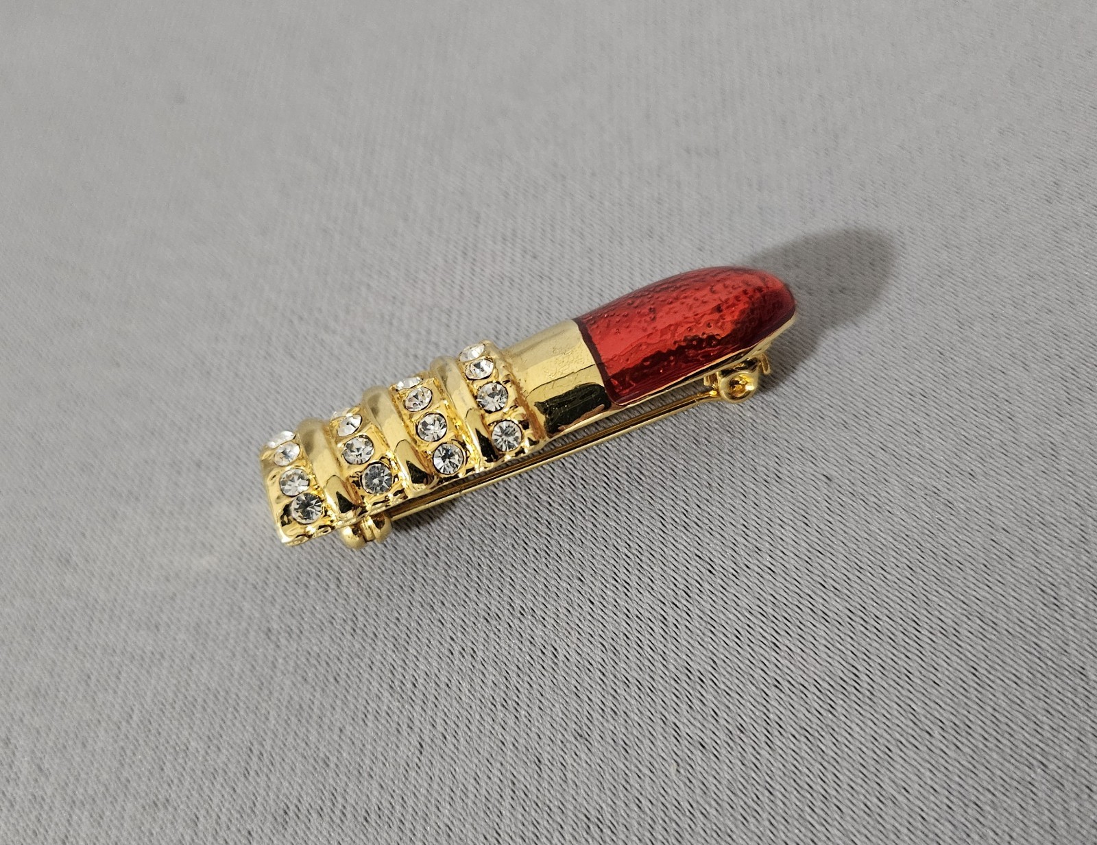 Lipstick Brooch Pin Red Enamel Gold Tone Rhinestones Costume Jewelry