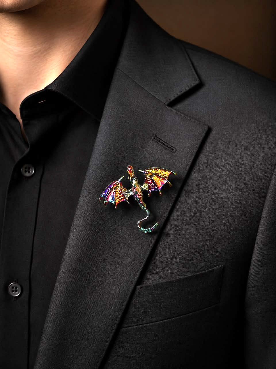 Dragon Pin Brooch Rhinestone Metal Rainbow-colored and a turquoise stone.