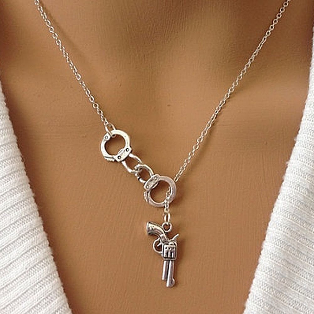 Metal 1-1/4″ HANDCUFFS & 7/8″ GUN – 18″ Chain Pendant Necklace