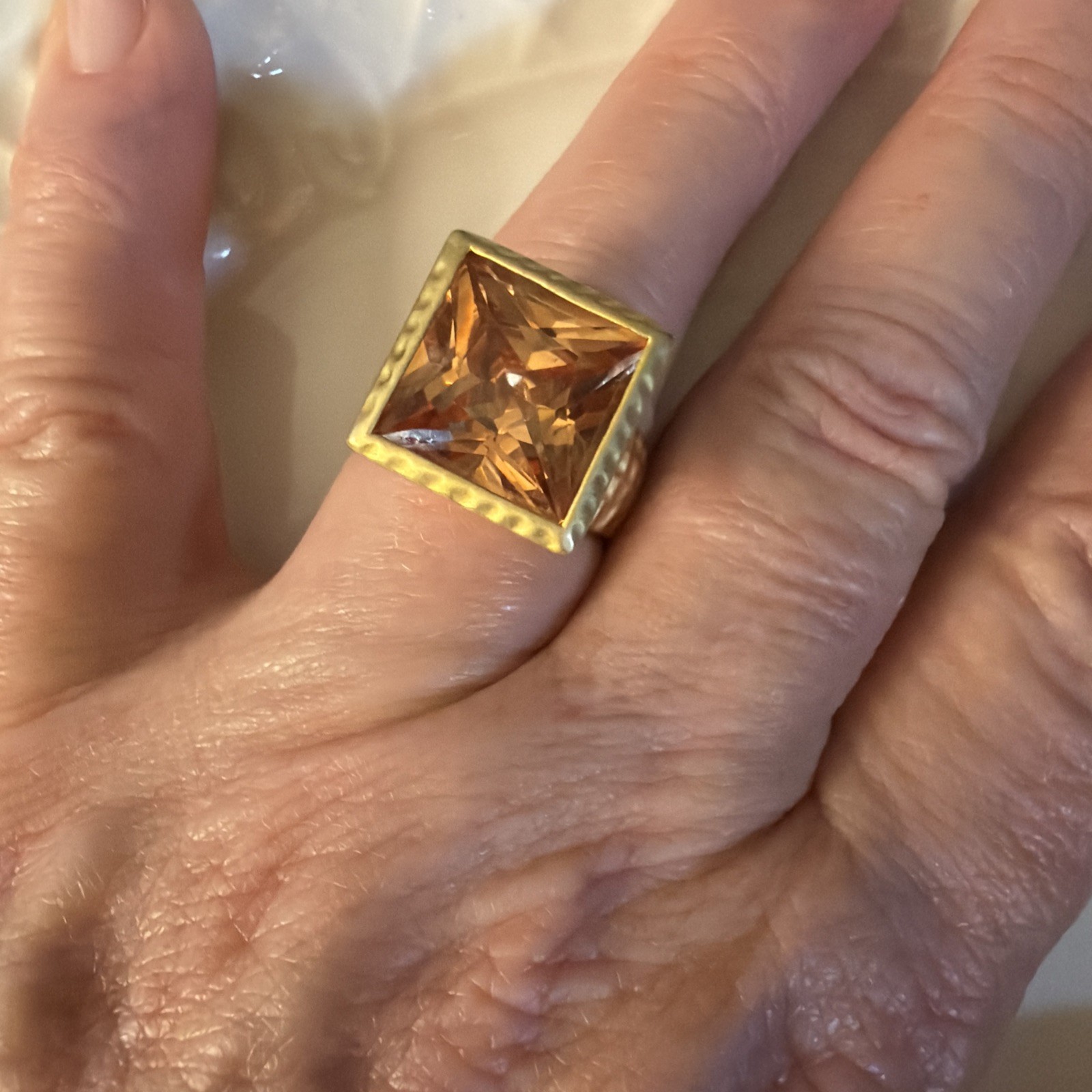 Modernist retro Hammered Statement Ring Princess Cut Citrine Fashion Jewelry