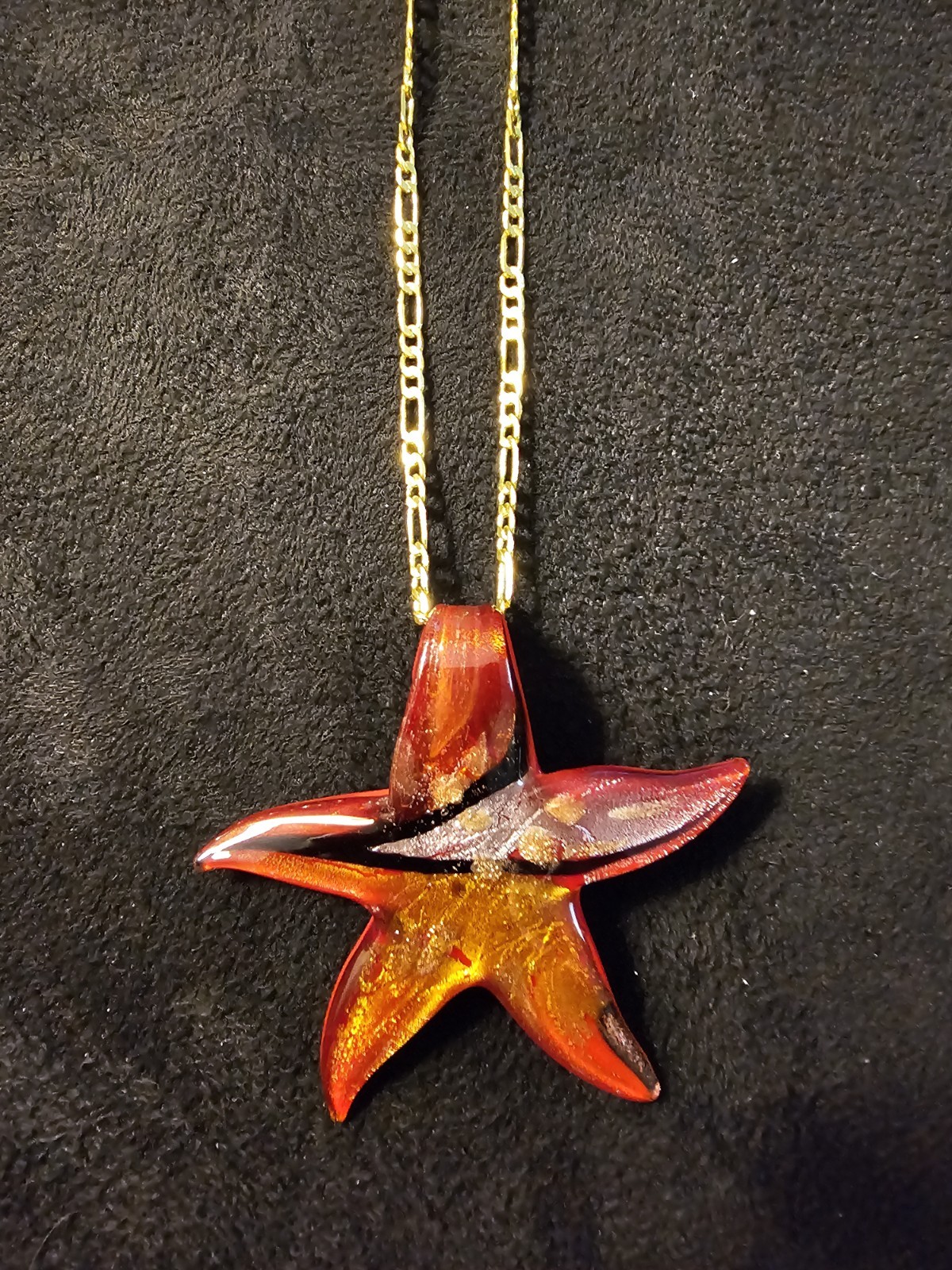 Murano Style Art Glass Starfish Pendant Necklace 18K GF 18″ Chain Red Gold