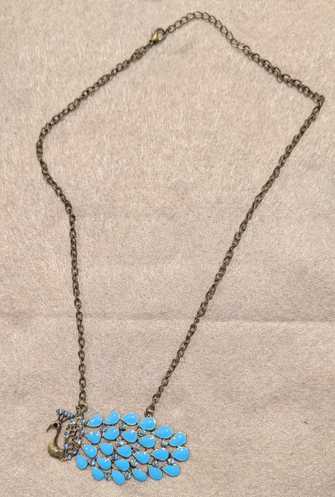 Gold Tone Peacock Charm Pendant Necklace Blue Teardrop Crystal Rhinestone