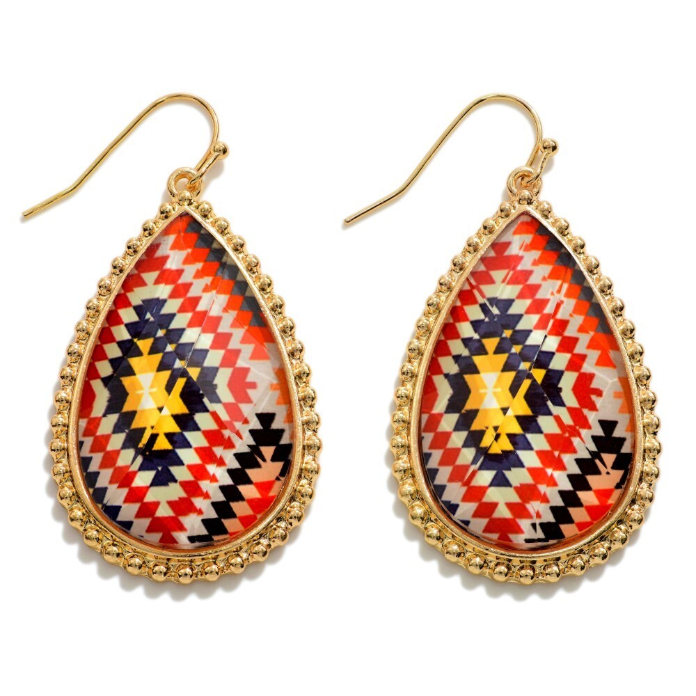 Cute Gold, Orange, Yellow, Black, & White Aztec Print Teardrop Earrings