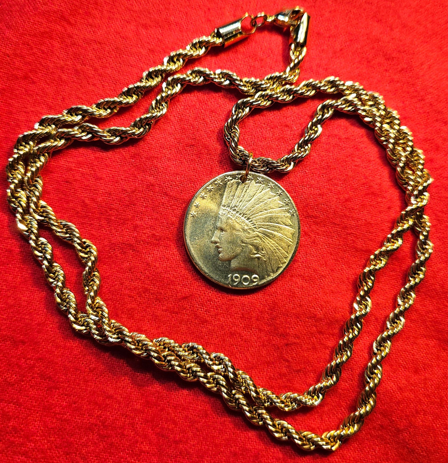 Indian Head $10 Eagle Plated Coin Pendant & Gold Filled Rope Necklace + Gift Box