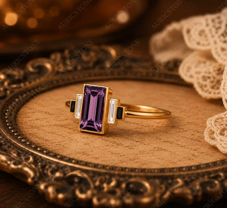 Lab Created Amethyst Ring, Base Metal: Brass Finish: Gold Plated, Gift