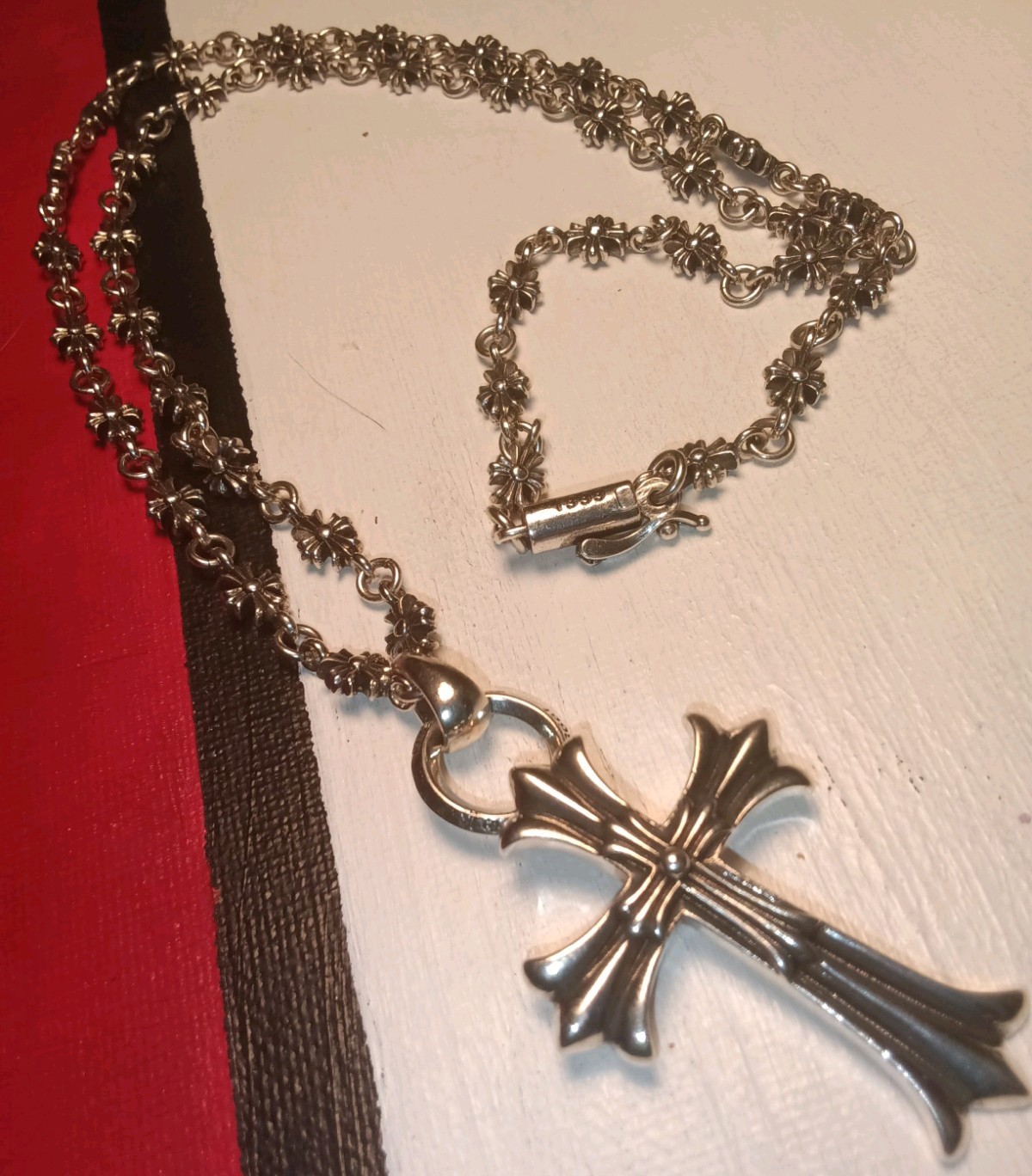Chrome Chain Necklace Double Cross Rockstar designer Biker Jewelery 1999 30′ 925