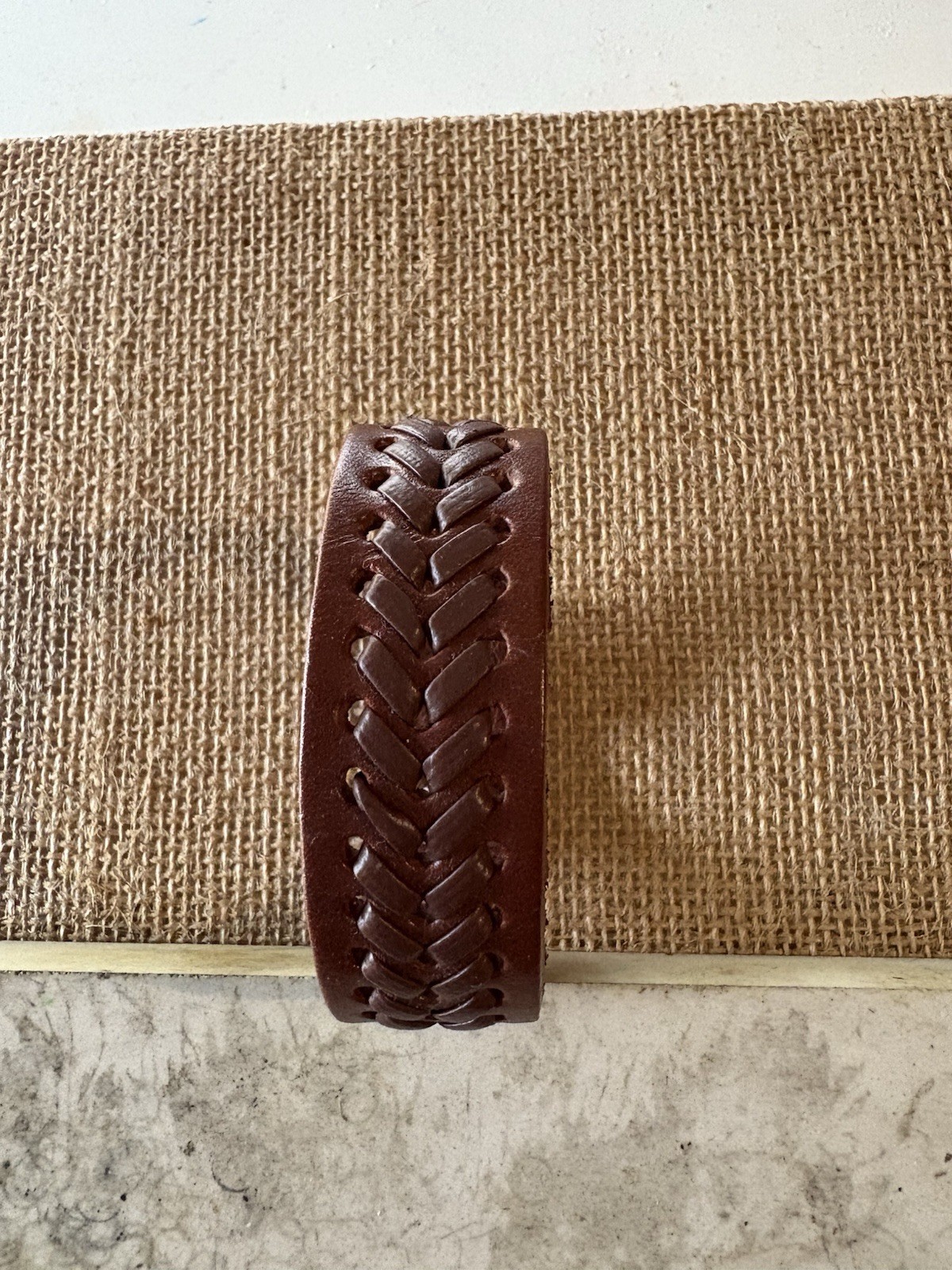 Brown Braided Leather Cuff Bracelet . Adjustable 8 in . Snap Closure . No Stone
