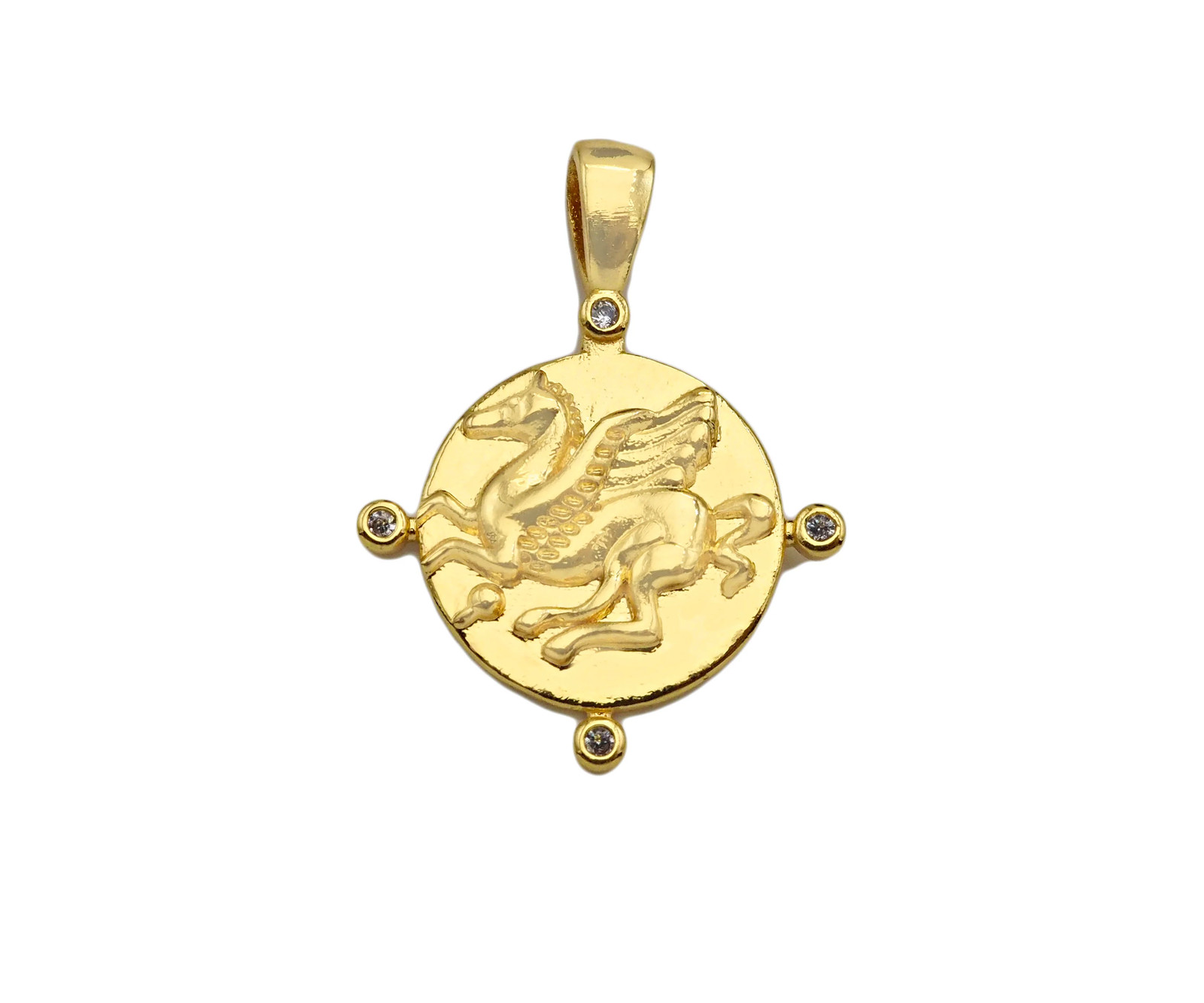 18K Dainty Gold Embossment Pegasus On Round Coin Shape Pendant/Charm, Medallion