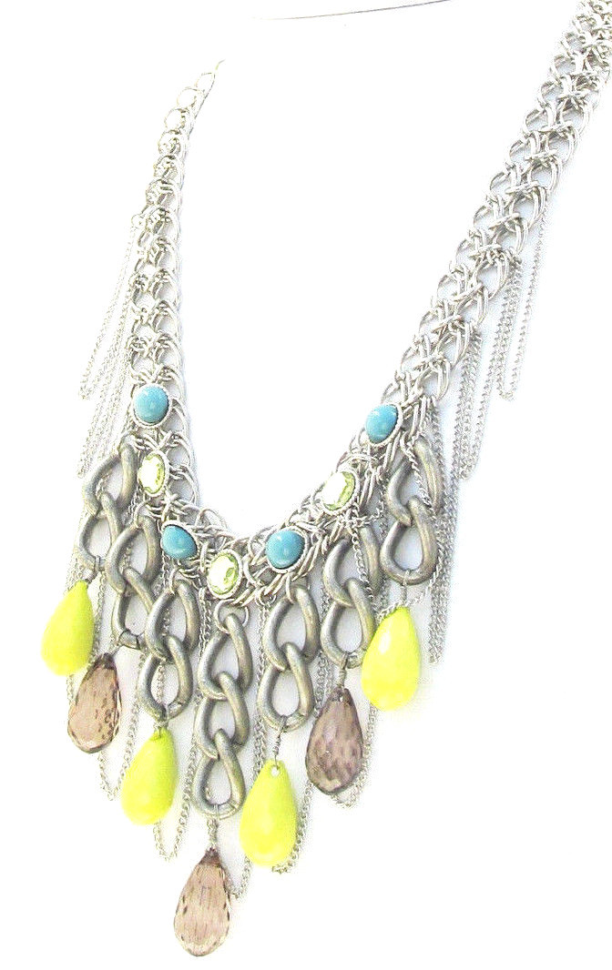 Jessica Simpson Blue Yellow & Smoky Bead Fringe Chain 18″ Necklace NWT