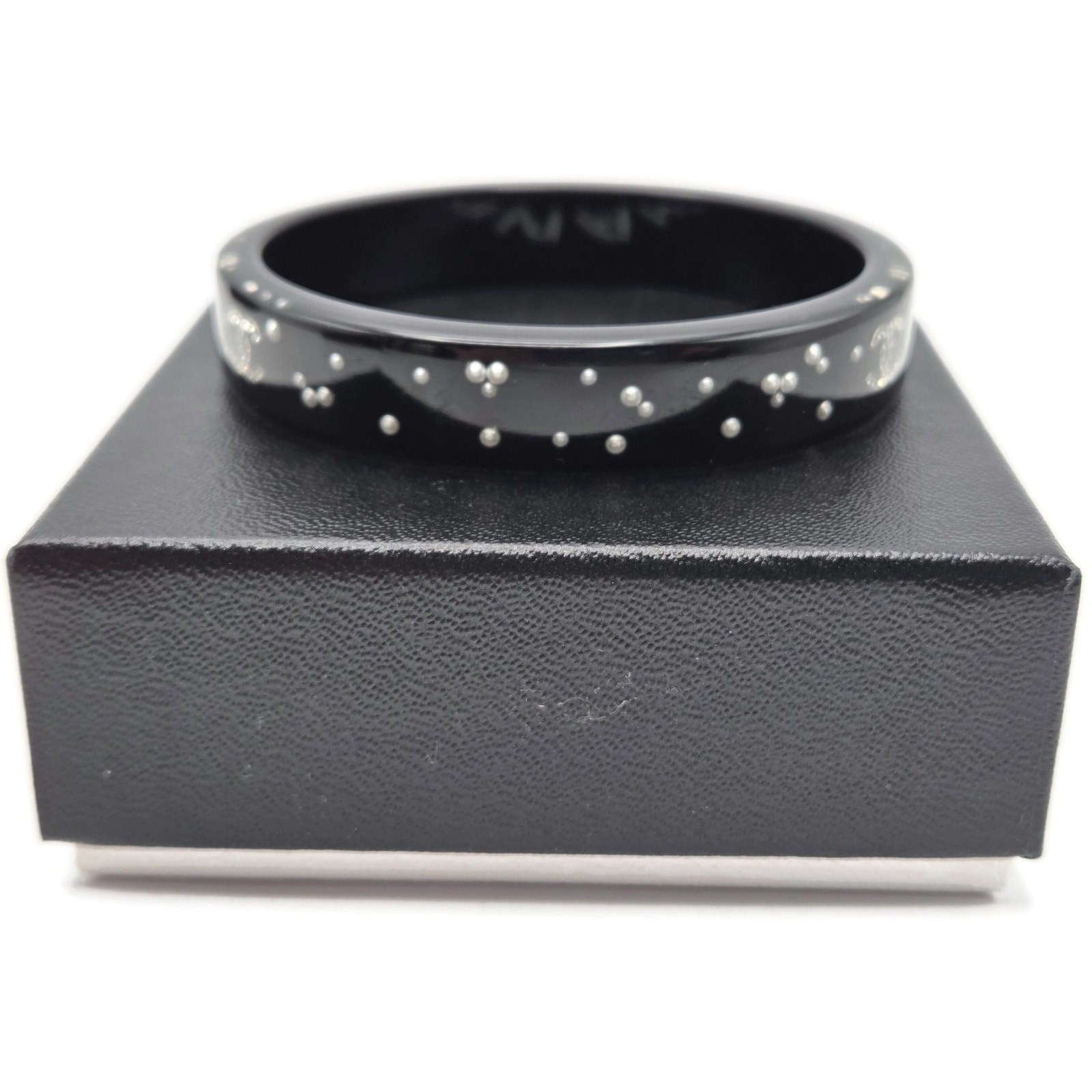 Chanel Black Resin Faux Pearl Crystal CC Logo Details Bangle Bracelet Jewelry
