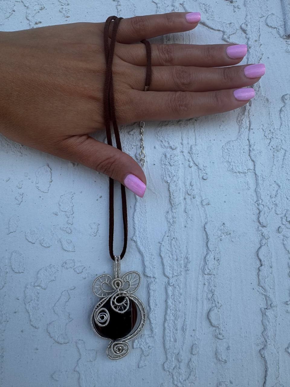 Handmade Banded Sard Agate Wire Wrapped Pendant Necklace Artisan Jewelry