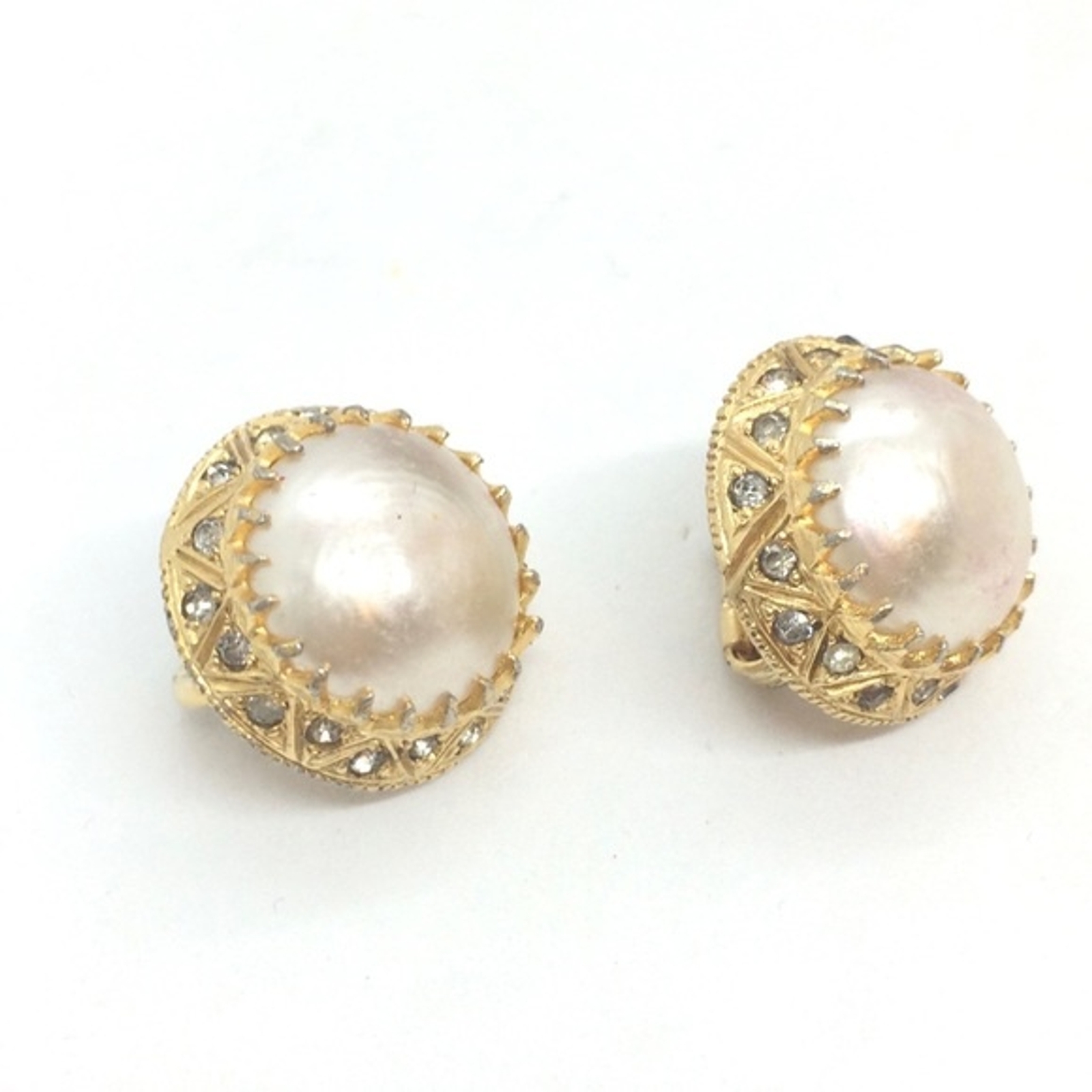 VINTAGE NETTIE ROSENSTEIN CLIP ON EARRINGS FAUX PEARL RHINESTONES GOLD TONE