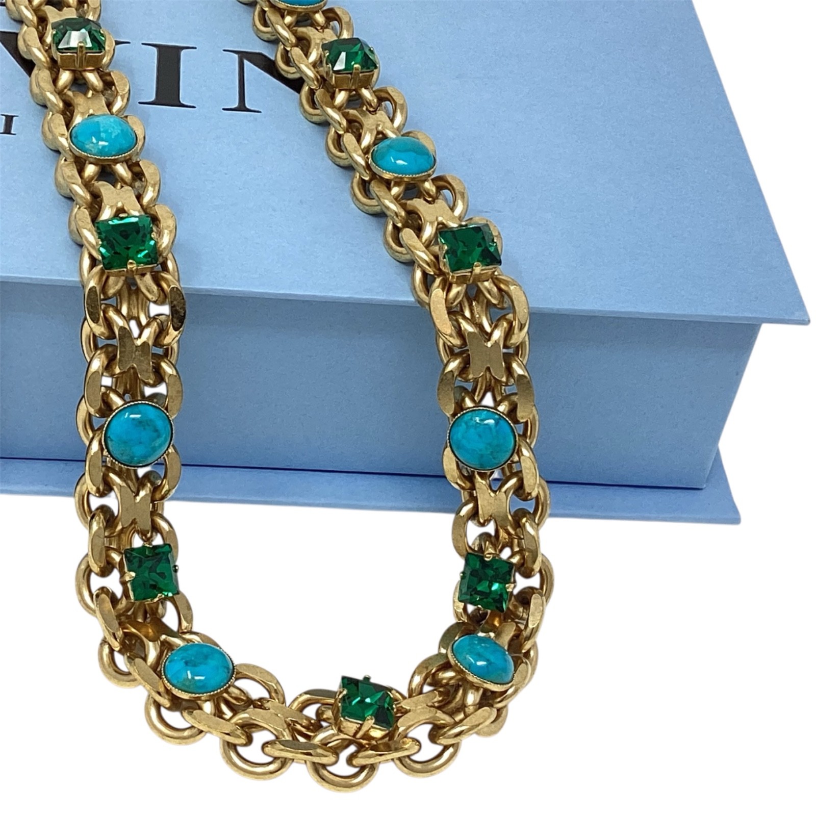 Lanvin Paris Long Necklace / Belt Gold-Tone Turquoise & Green Crystal New + Box
