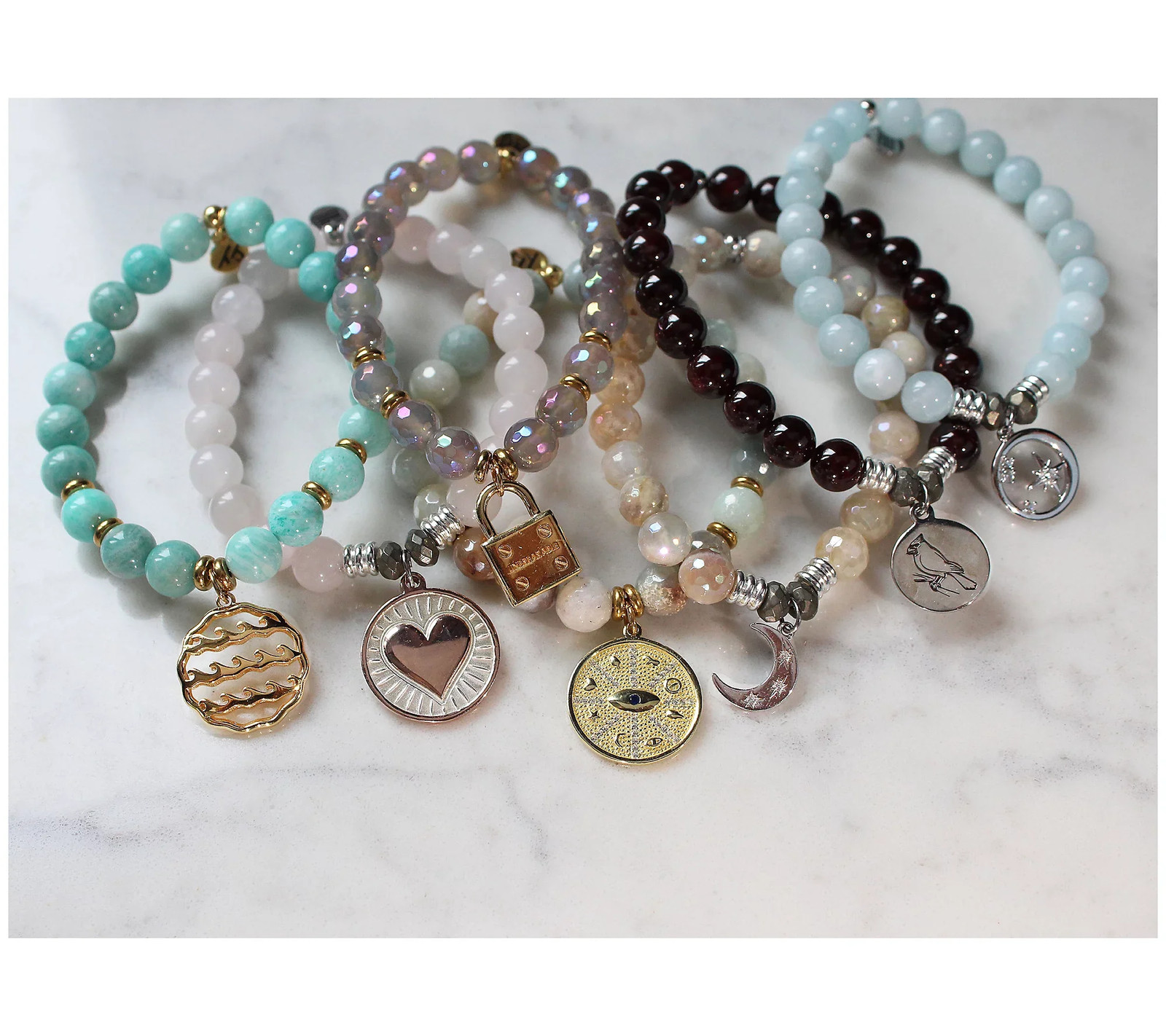 T. Jazelle Gemstone and Charm Beaded Bracelet, Sterling, Protection, Small/Avg