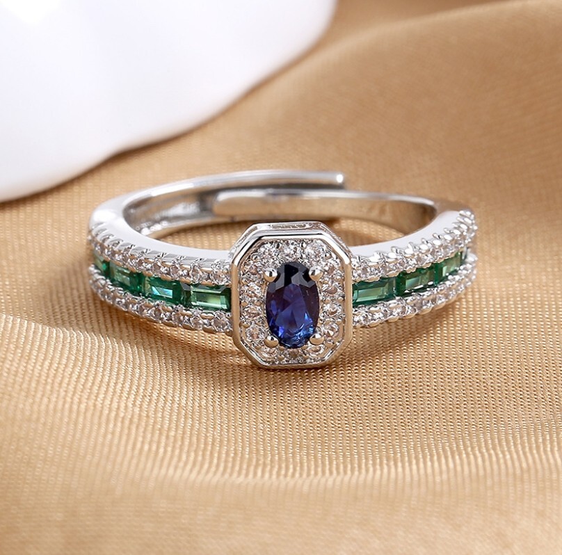 Silver Blue Oval Green Cubic Zirconia Wedding Engagement Adjustable Ring