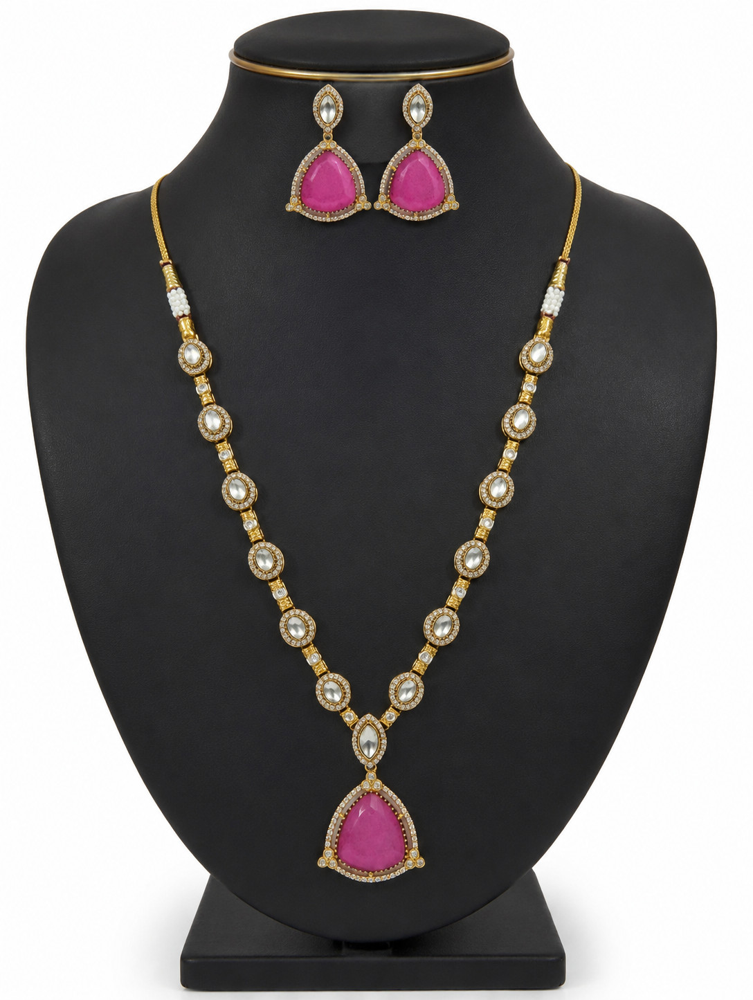 Pink Stone Necklace & Earrings Set Gold Tone Statement Jewelry Women 140