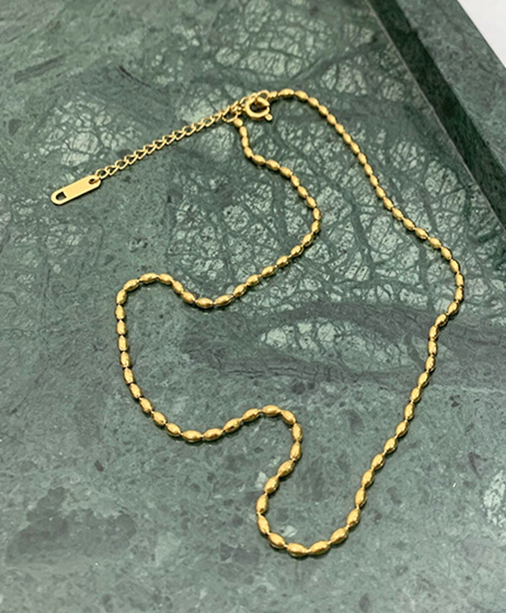 Gold Plated Titanium Stainless Steel Oval Bead Chain Choker Necklace 13.2-15″